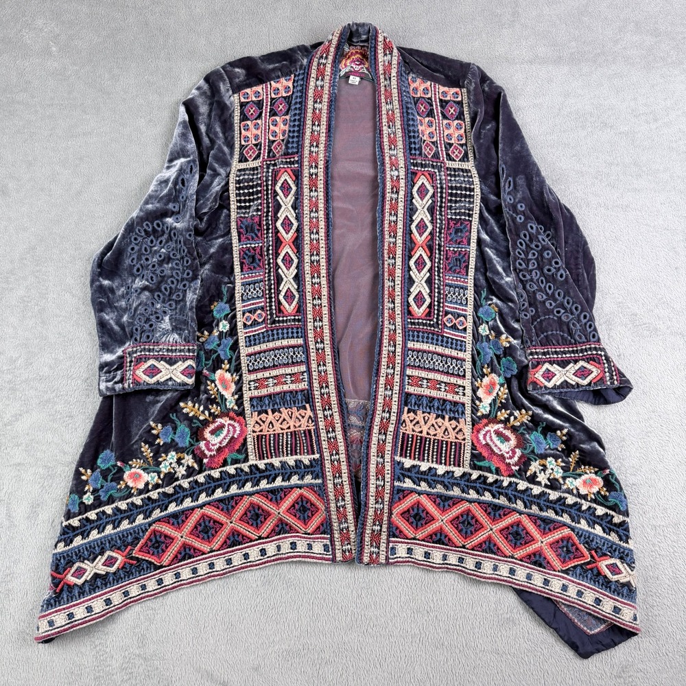 Johnny Was Charcoal Gray Velvet Embroidered Silk Blend Kimono Cardigan XS